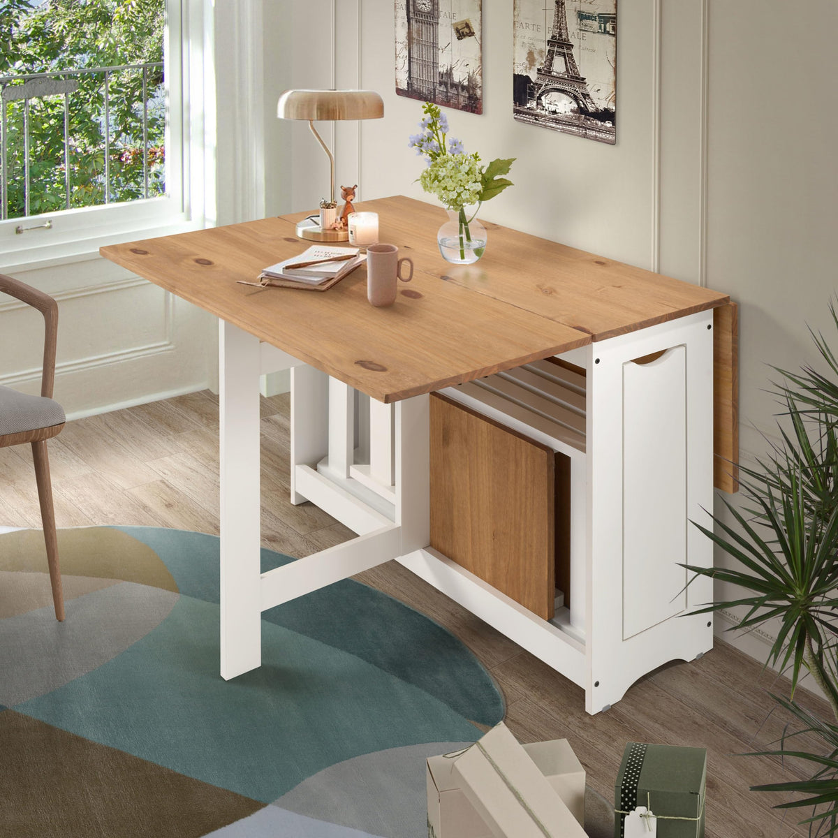 Furniture 321 Space-Saving Santos Folding Drop-Leaf Butterfly Dining Set with 4 Foldaway Chairs