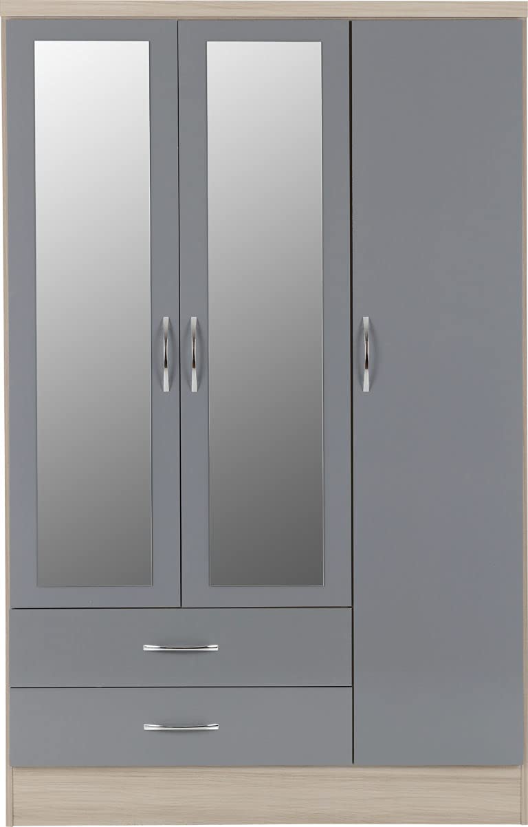 Furniture 321 Nevada 3 Door 2 Drawer Mirrored Wardrobe Grey Gloss, Light Oak Effect Veneer (No Delivery To Flats)