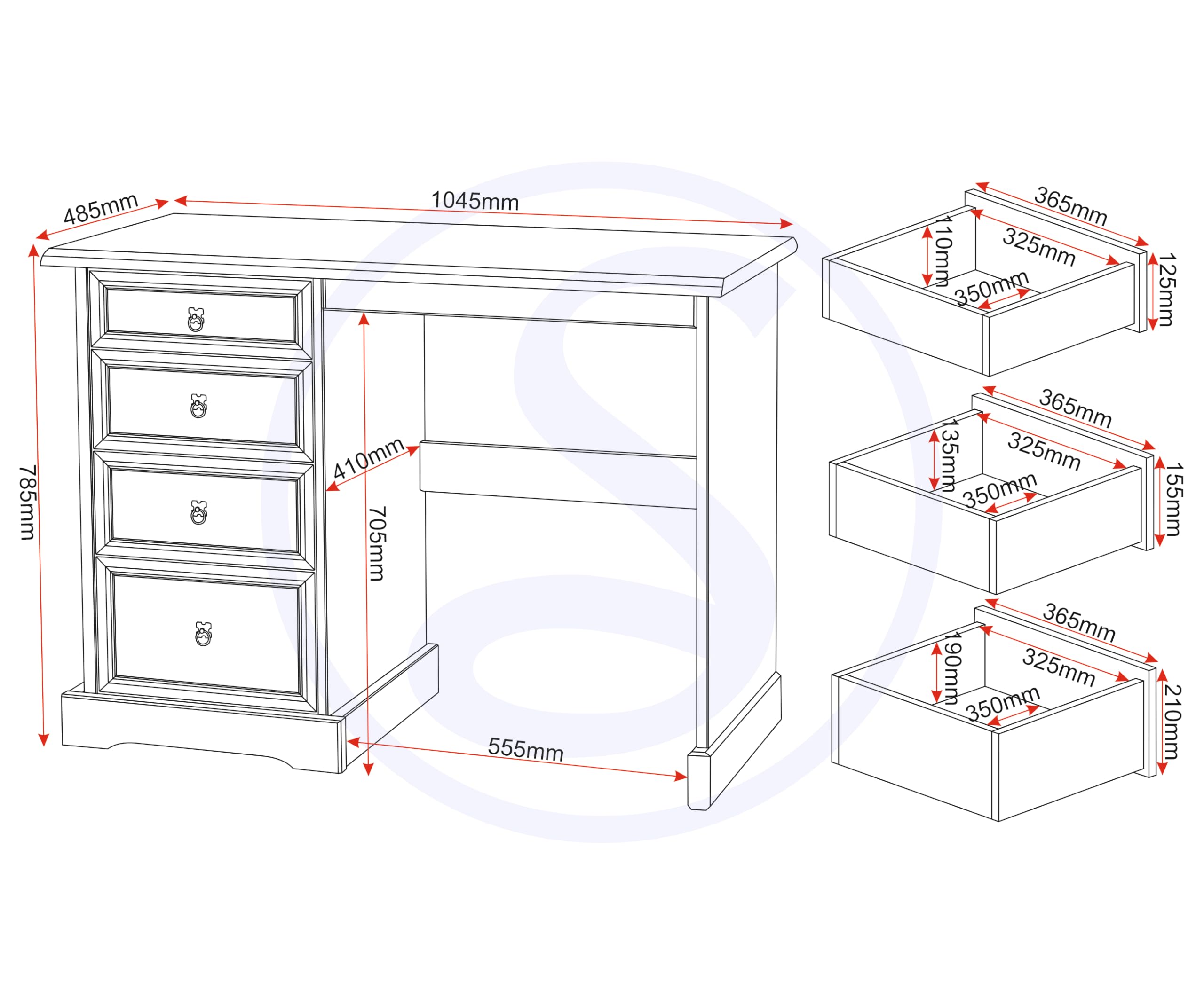 Seconique Corona 3-Drawer Dressing Table, Wood, Grey/Distressed Waxed Pine