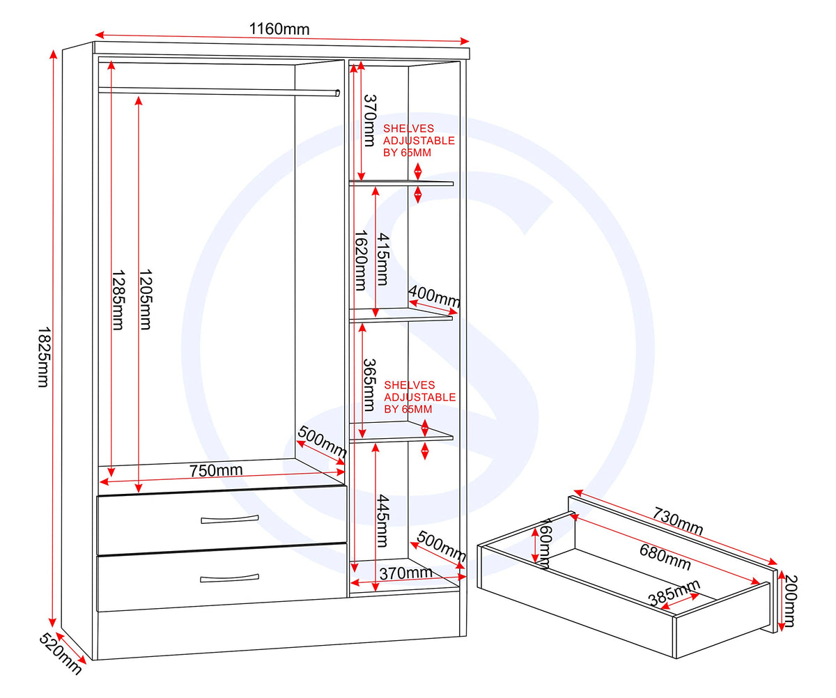 AyMa Home Nevada 3 Door 2 Drawer Mirrored Wardrobe White Gloss