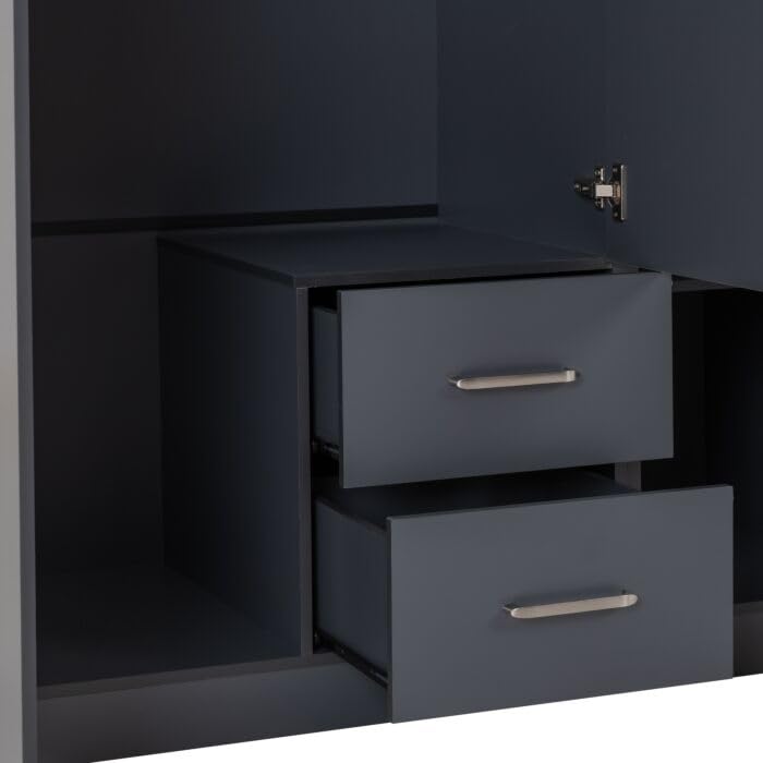 Furniture 321 Dakota 3 Door 2 Drawer Mirrored Wardrobe with Hanging Rail | Dark Grey & White | Bedroom Storage