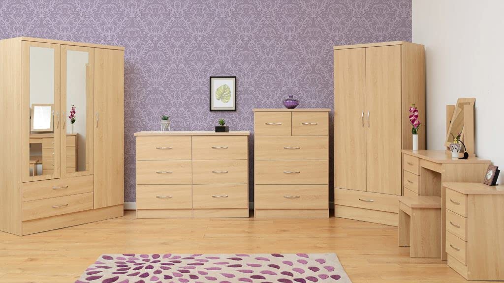 A T Seconique Nevada 3 Door 2 Drawer Mirrored Wardrobe Sonoma Oak Effect
