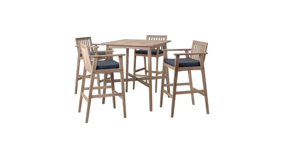 Furniture 321 Monterray Acacia Quality Living Square Outdoor Bar Table Set With Four Bar Chairs and Waterproof Cushions.