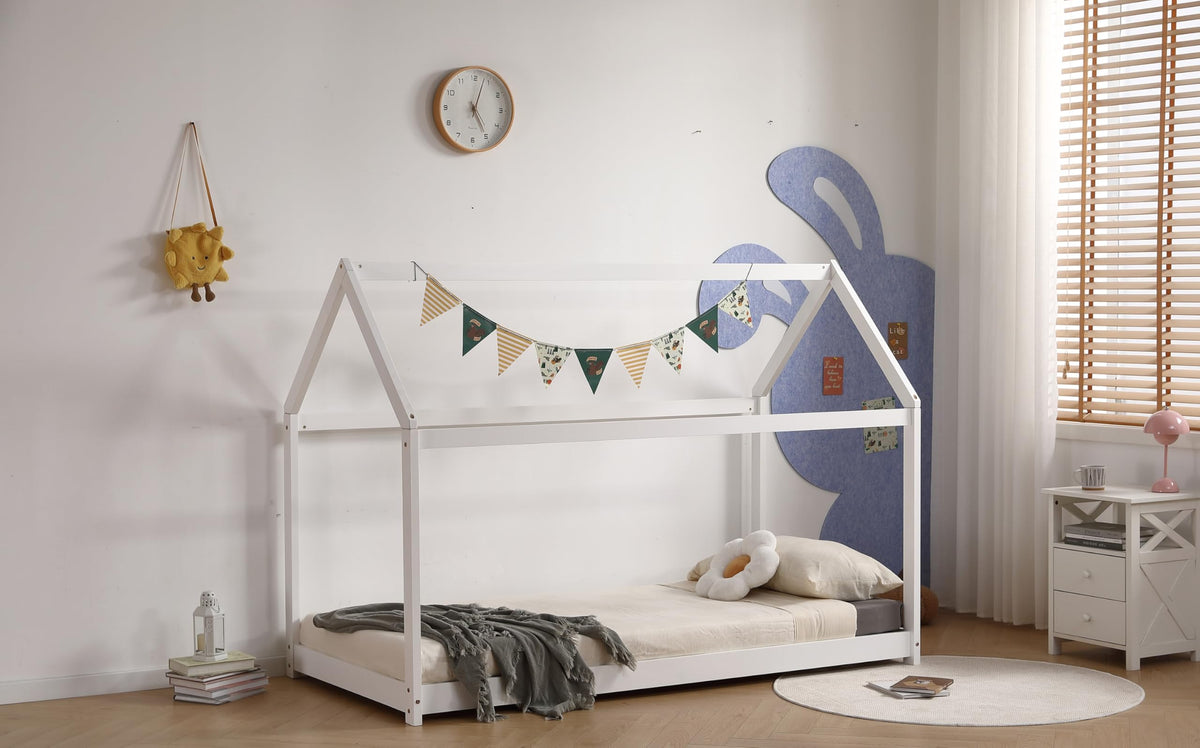 Ely Wooden Kids House Bed Frame, Solid Pine WoodTreehouse Style Childrens Floor Bed Frame for Toddlers and Children (White)