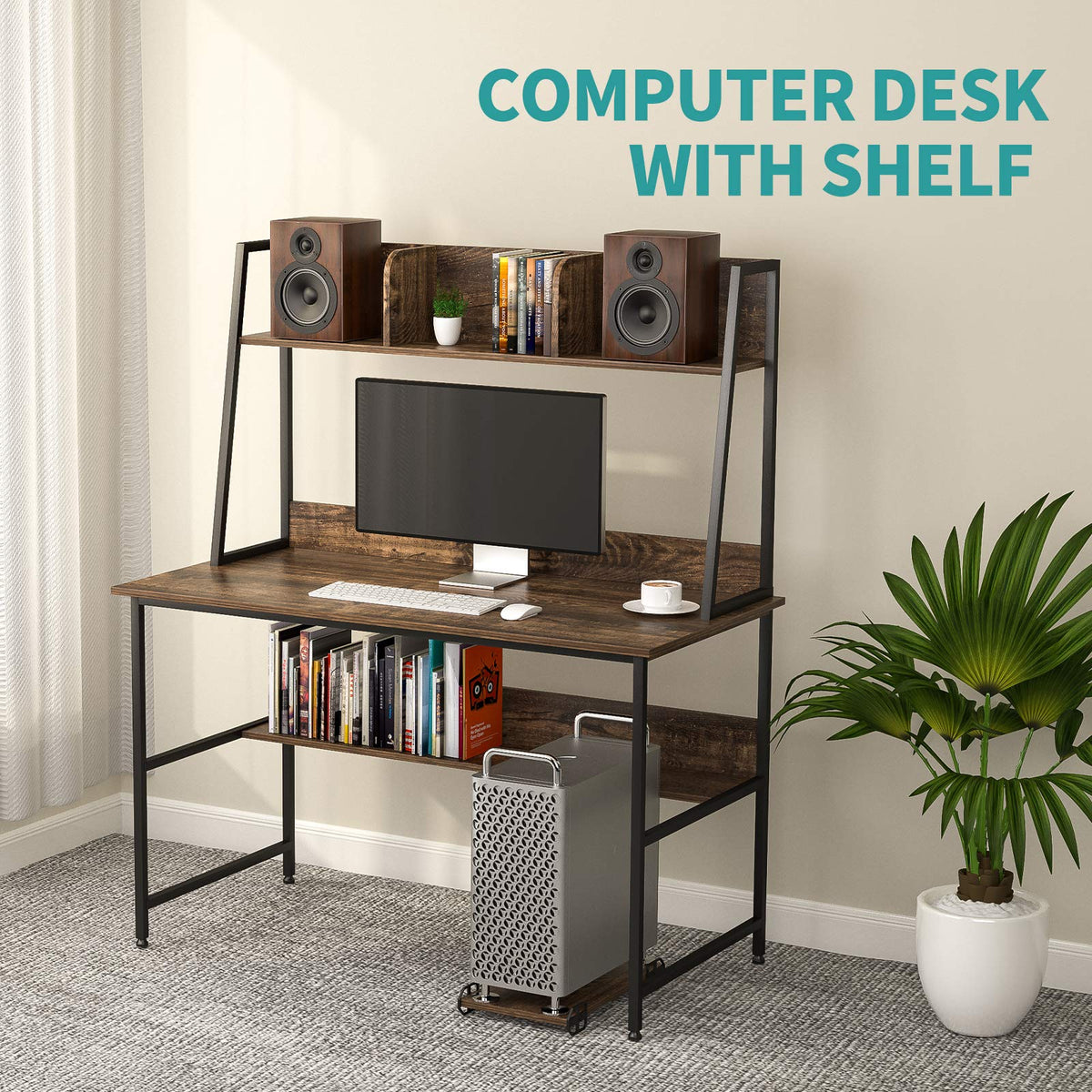 Mecor Computer Desk Study Writing Table for Home Office ，Modern Writing Study Desk with Storage Bookshelf and CPU Stand for Small Spaces, PC Laptop Table Workstation for Home Office