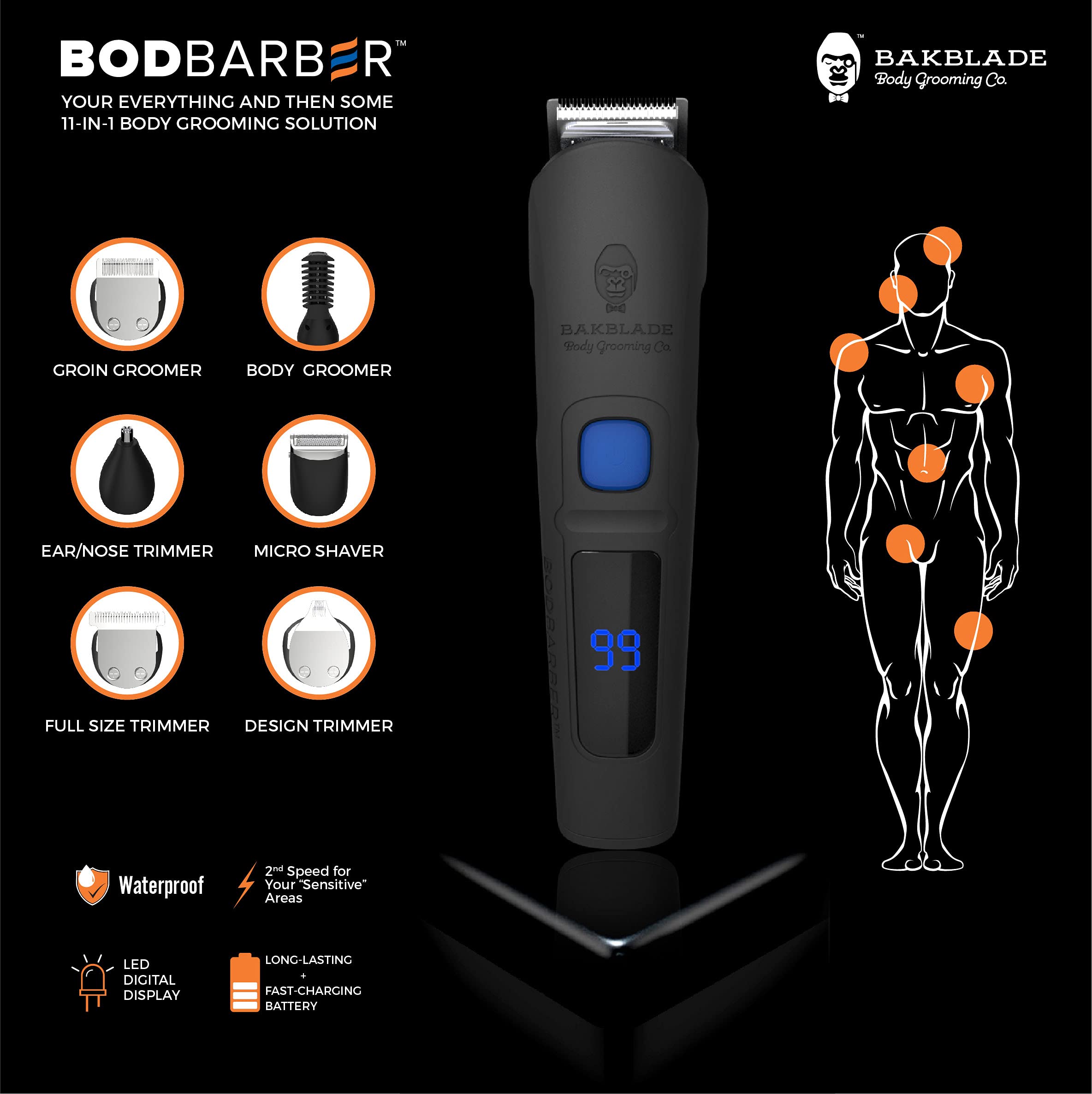 BakBlade BODBARBER Men's Grooming Kit - Full Body Manscaping & Beard Trimmer - Waterproof, Fast Charging, Long Lasting
