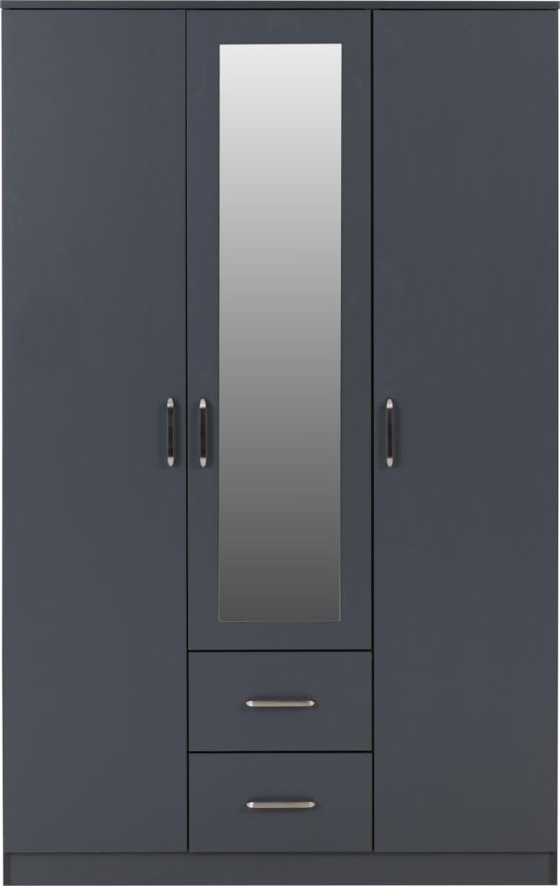 Furniture 321 Dakota 3 Door 2 Drawer Mirrored Wardrobe with Hanging Rail | Dark Grey & White | Bedroom Storage