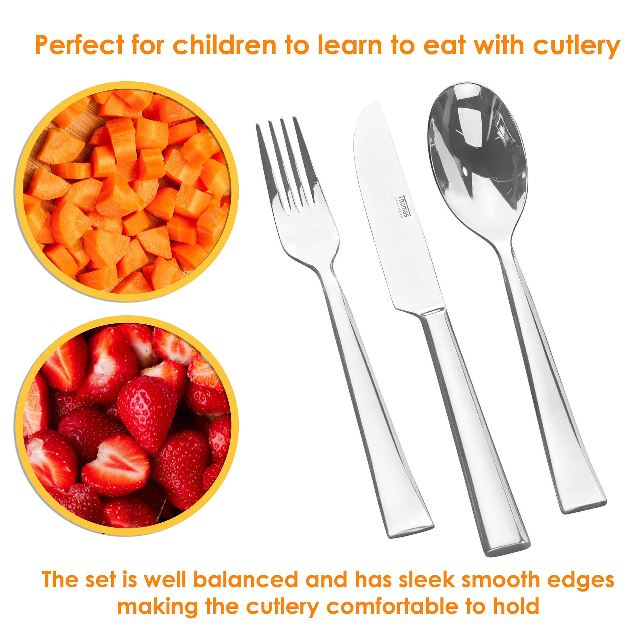 Thomas P501345 Children's Cutlery - 3-Pcs 18/10 Stainless Steel Kids Flatware Set With Knife/Fork/Spoon, Lightweight Toddler Silverware, Healthy, Mirror Polished, Smooth Edges, Easy Grip Handles