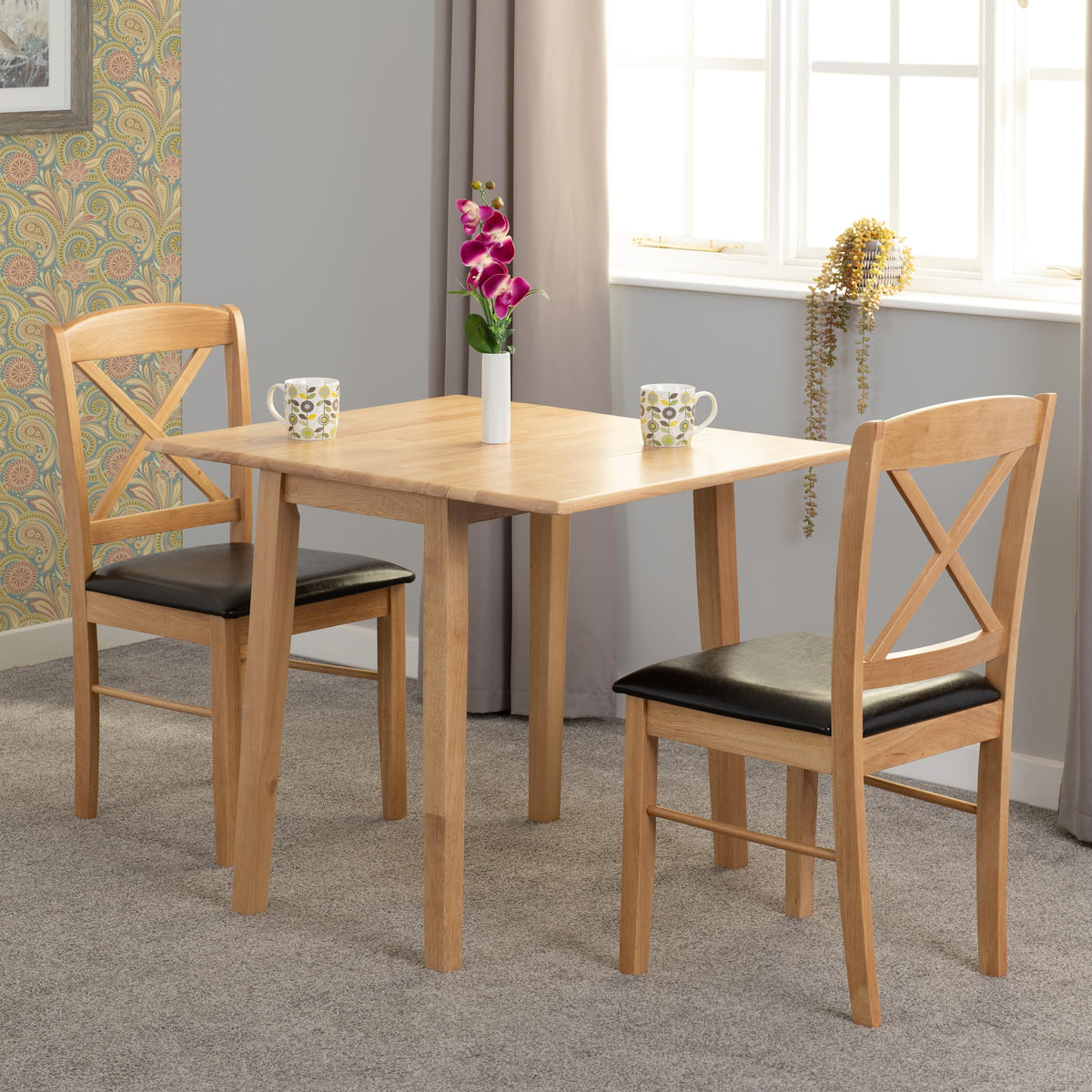 Seconique Mason Double Drop Leaf Dining Set with 2 Dining Chairs in Oak Varnish/Brown Pu