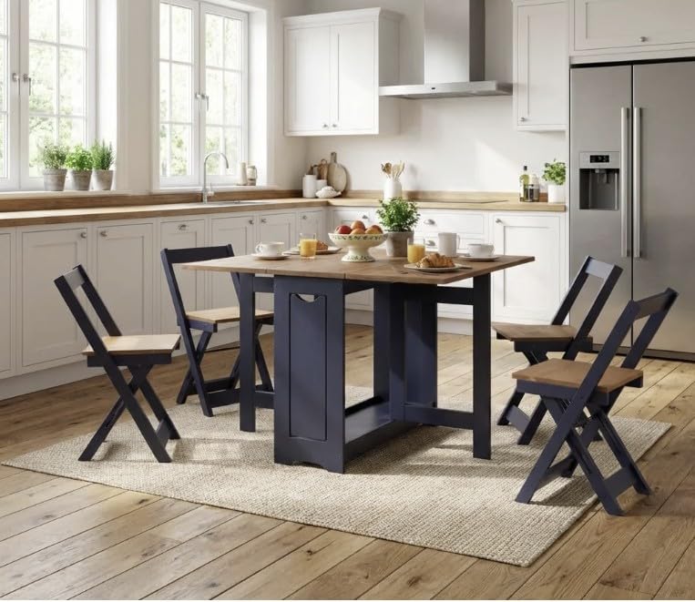 Furniture 321 Space-Saving Santos Folding Drop-Leaf Butterfly Dining Set with 4 Foldaway Chairs