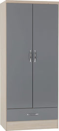 Furnisho Nevada 2 Door 1 Drawer Wardrobe Grey Gloss/Light Oak Effect Veneer