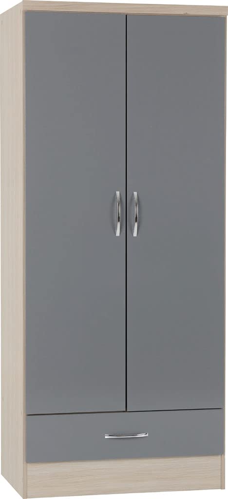 Furnisho Nevada 2 Door 1 Drawer Wardrobe Grey Gloss/Light Oak Effect Veneer