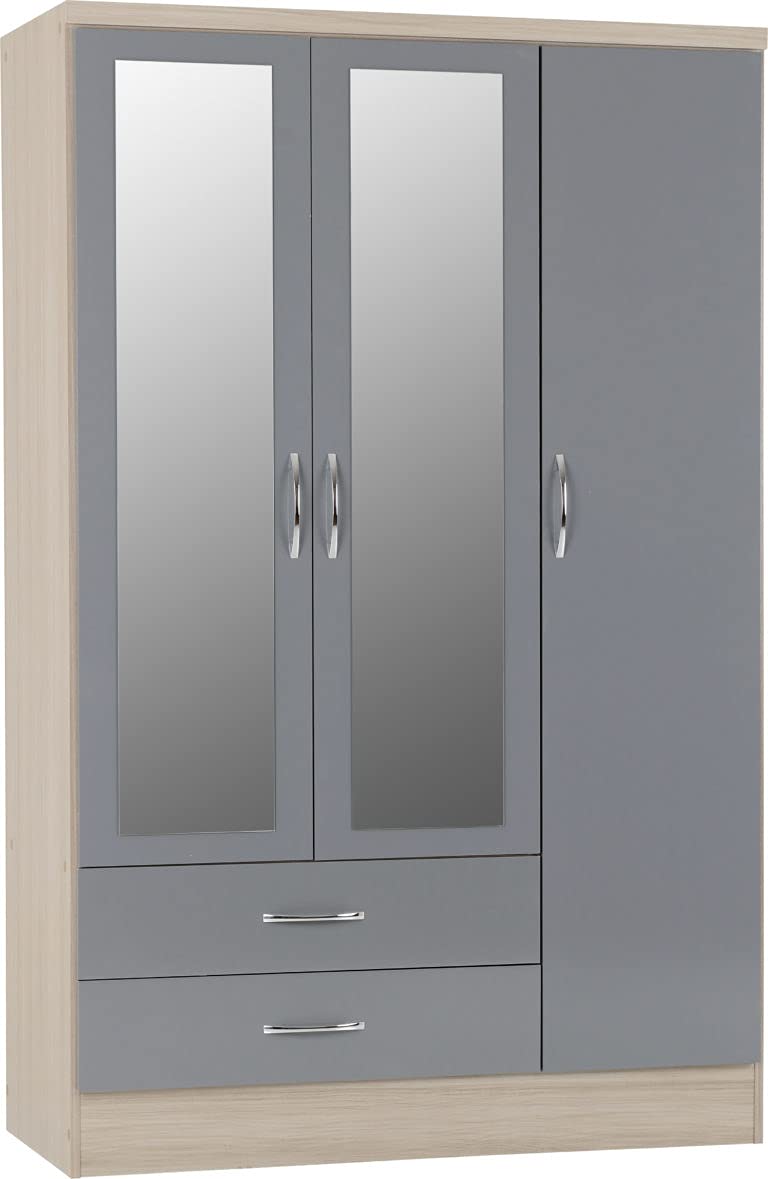 Furniture 321 Nevada 3 Door 2 Drawer Mirrored Wardrobe Grey Gloss, Light Oak Effect Veneer (No Delivery To Flats)