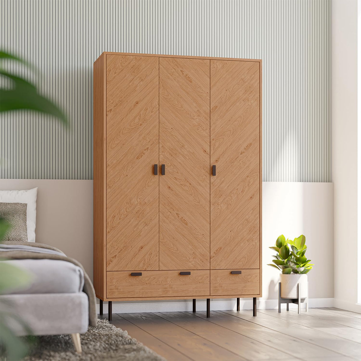 Seconique Leon 3 Door 2 Drawer Wardrobe in Medium Oak Effect