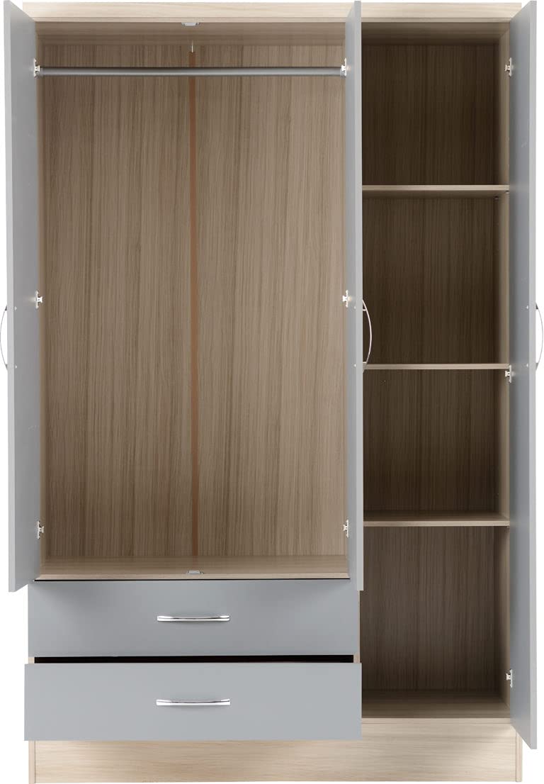 Furniture 321 Nevada 3 Door 2 Drawer Mirrored Wardrobe Grey Gloss, Light Oak Effect Veneer (No Delivery To Flats)