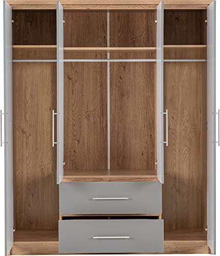 Furniture 321 Seville 4 Door 2 Drawer Wardrobe Grey High Gloss, Light Oak Effect Veneer (No Delivery To Flats)