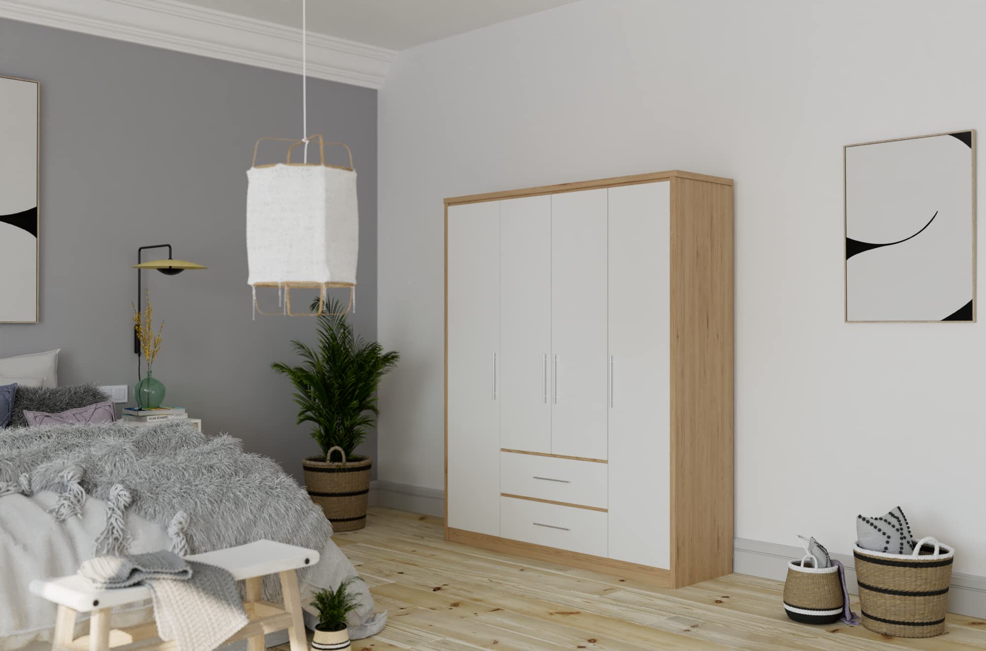 Furniture 321 Seville 4 Door 2 Drawer Wardrobe White High Gloss, Light Oak Effect Veneer (No Delivery To Flats)