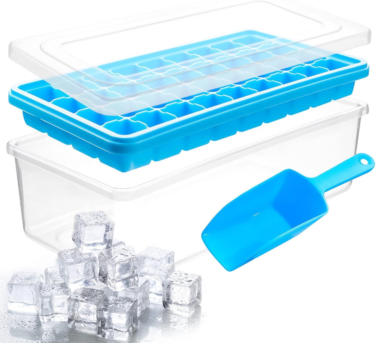 Yoove Ice Cube Mould with Lid and Storage Container, Silicone Ice Cube Tray with Lid, Container and Ice Scoop, Large Ice Containers for Freezer with Easy Unlock, Perfect Ice Moulds