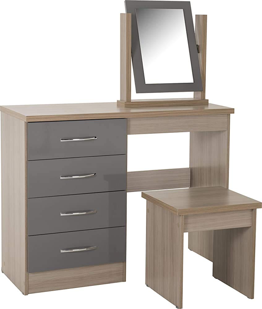 Dressing Table Set, Four Drawers, a Stool and a Small Mirror,Grey