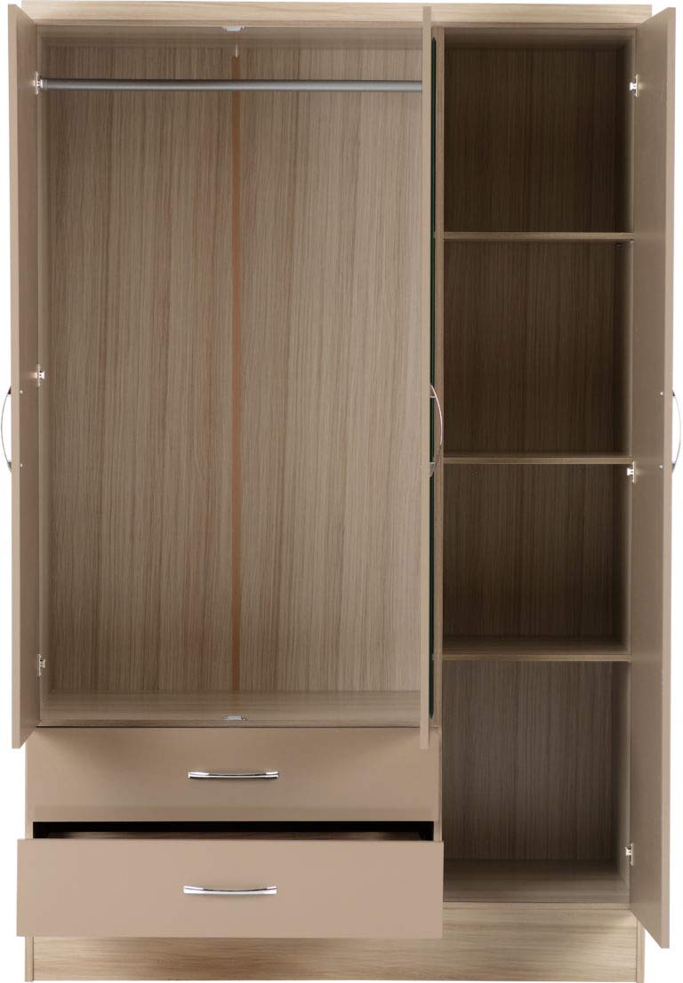 A T Seconique Nevada 3 Door 2 Drawer Mirrored Hanging Rail Wardrobe in Oyster Gloss/Light Oak Effect Veneer