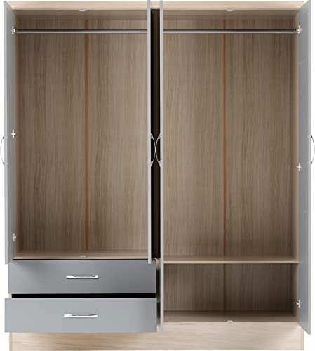 Furniture 321 Nevada 4 Door 2 Drawer Mirrored Wardrobe Grey Gloss, Light Oak Effect (No Delivery To Flats)