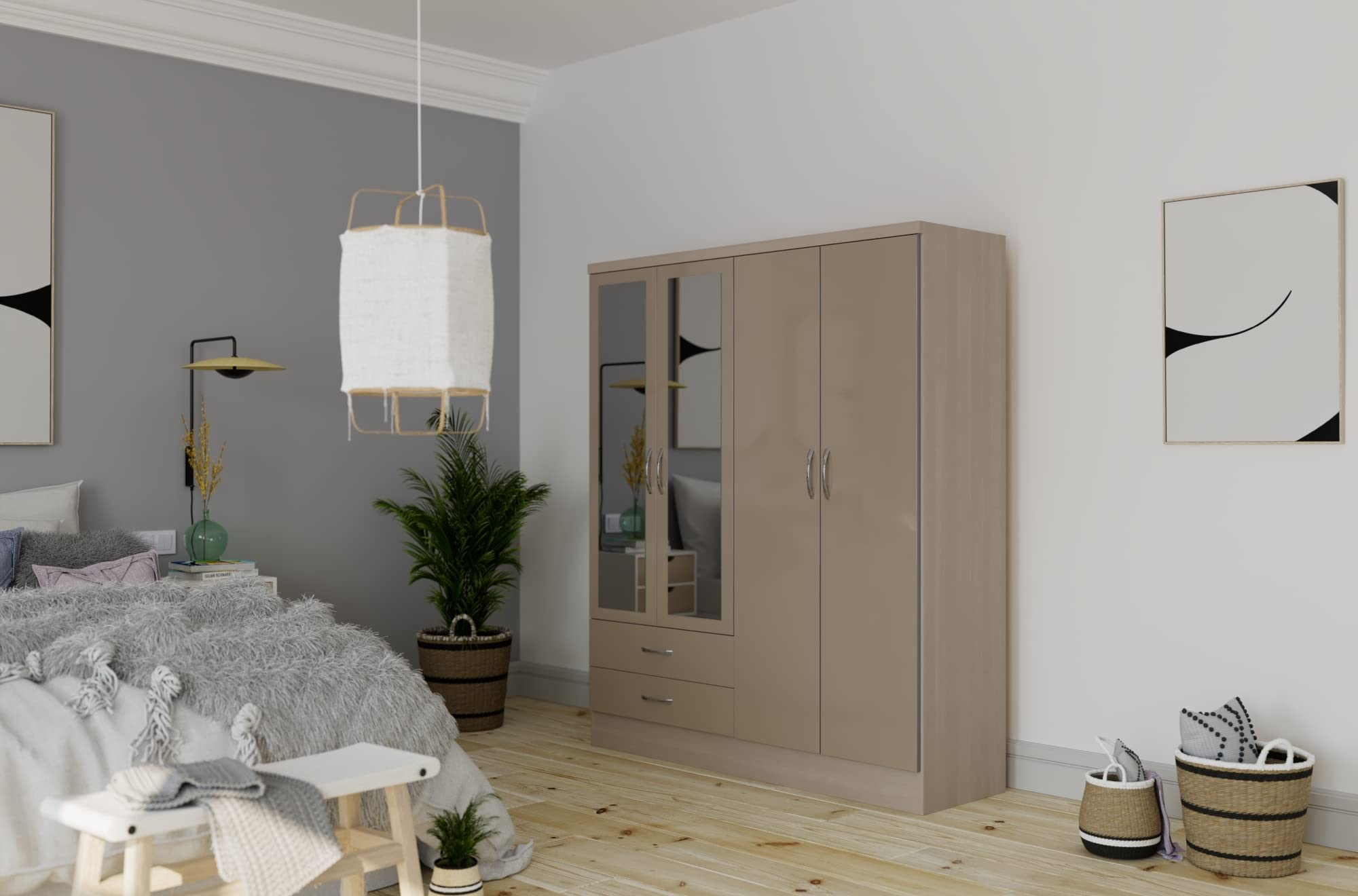 A T Seconique Bedroom Wardrobes - Nevada 4 Door 2 Drawer Mirrored Wardrobe with 2 Hanging Rails and A Shelve in Oyster Gloss/Light Oak Effect Veneer.