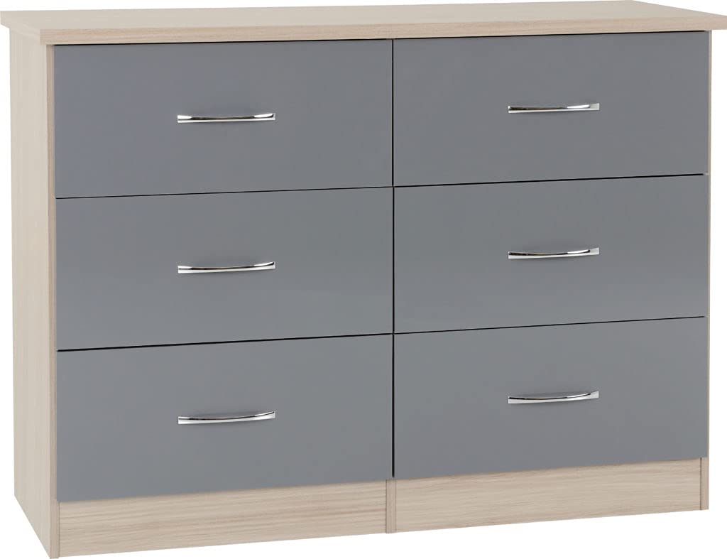 A T Seconique Nevada 6 Drawer Wide Chest in Grey Gloss/Light Oak Effect Veneer