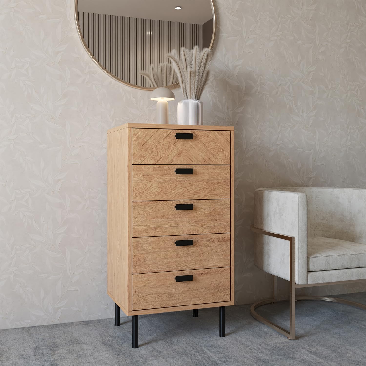 Seconique 5 Drawer Chest, Engineered Wood, Medium Oak Effect, W 485mm x D 400mm x H 935mm