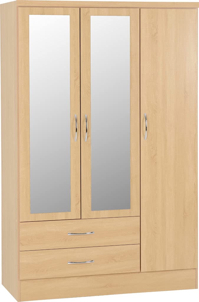 A T Seconique Nevada 3 Door 2 Drawer Mirrored Wardrobe Sonoma Oak Effect