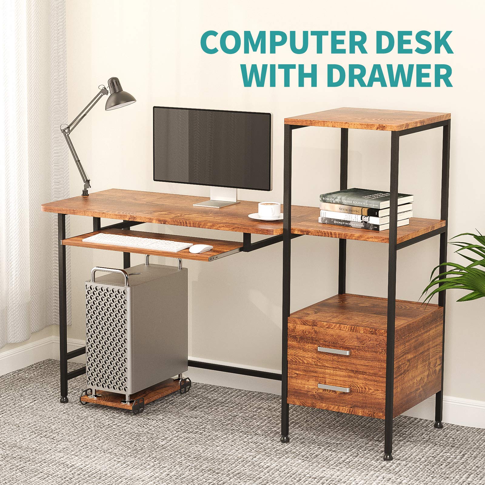 mecor Study Writing Computer Desk 55" with Drawers/Keyboard Tray/Storage Shelves, Modern Simple Style PC Desk Laptop Study Table Workstation for Home Office (Walnut Brown)