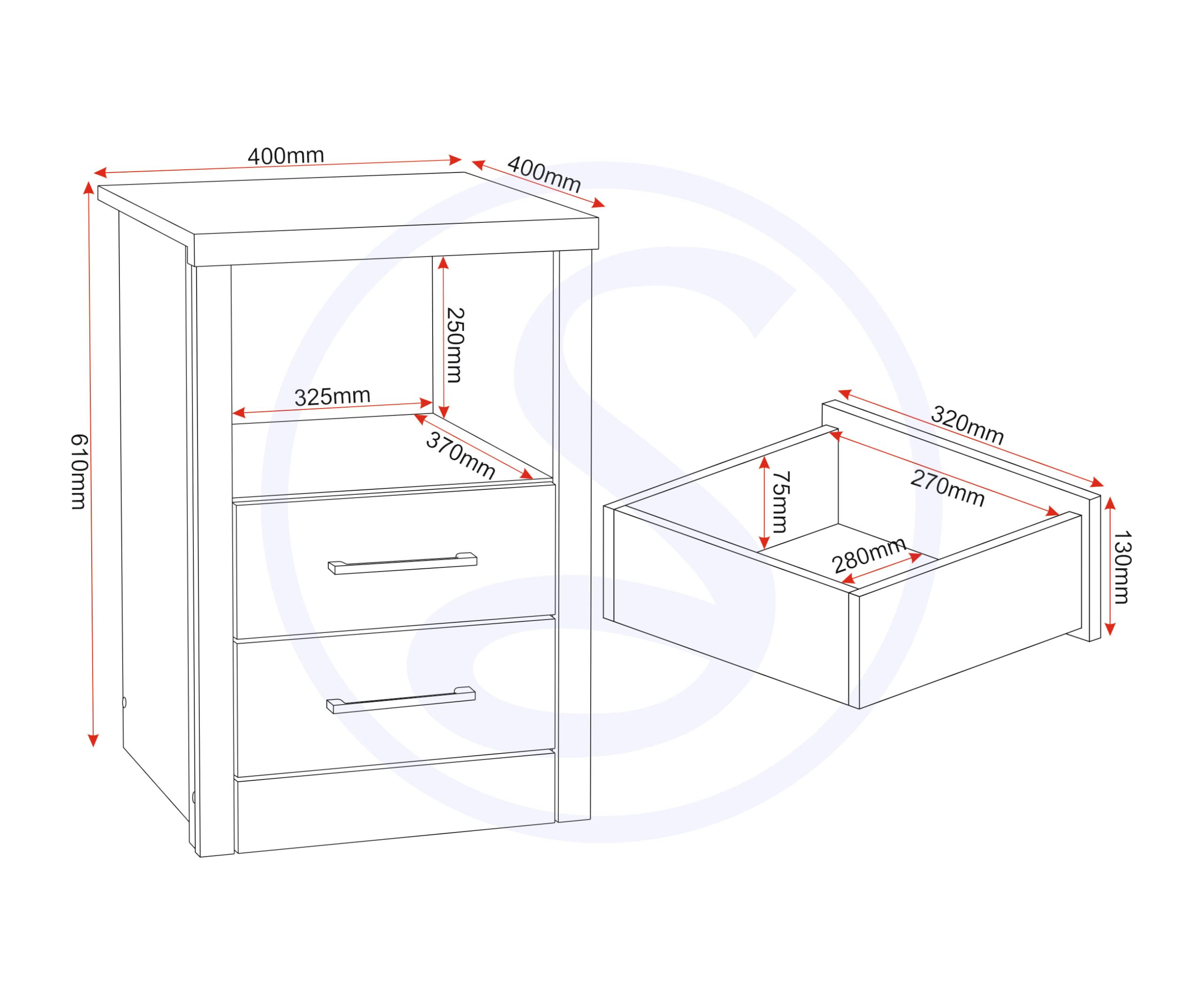Seconique Lisbon 2 Drawer 1 Shelf Bedside Cabinet