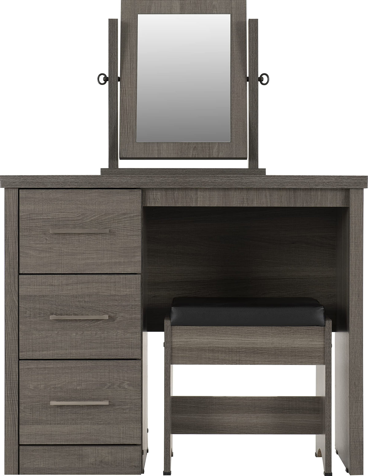 Seconique Lisbon 3Pc Dressing Table Set (With Mirror) in Black Wood Grain/Black Pu