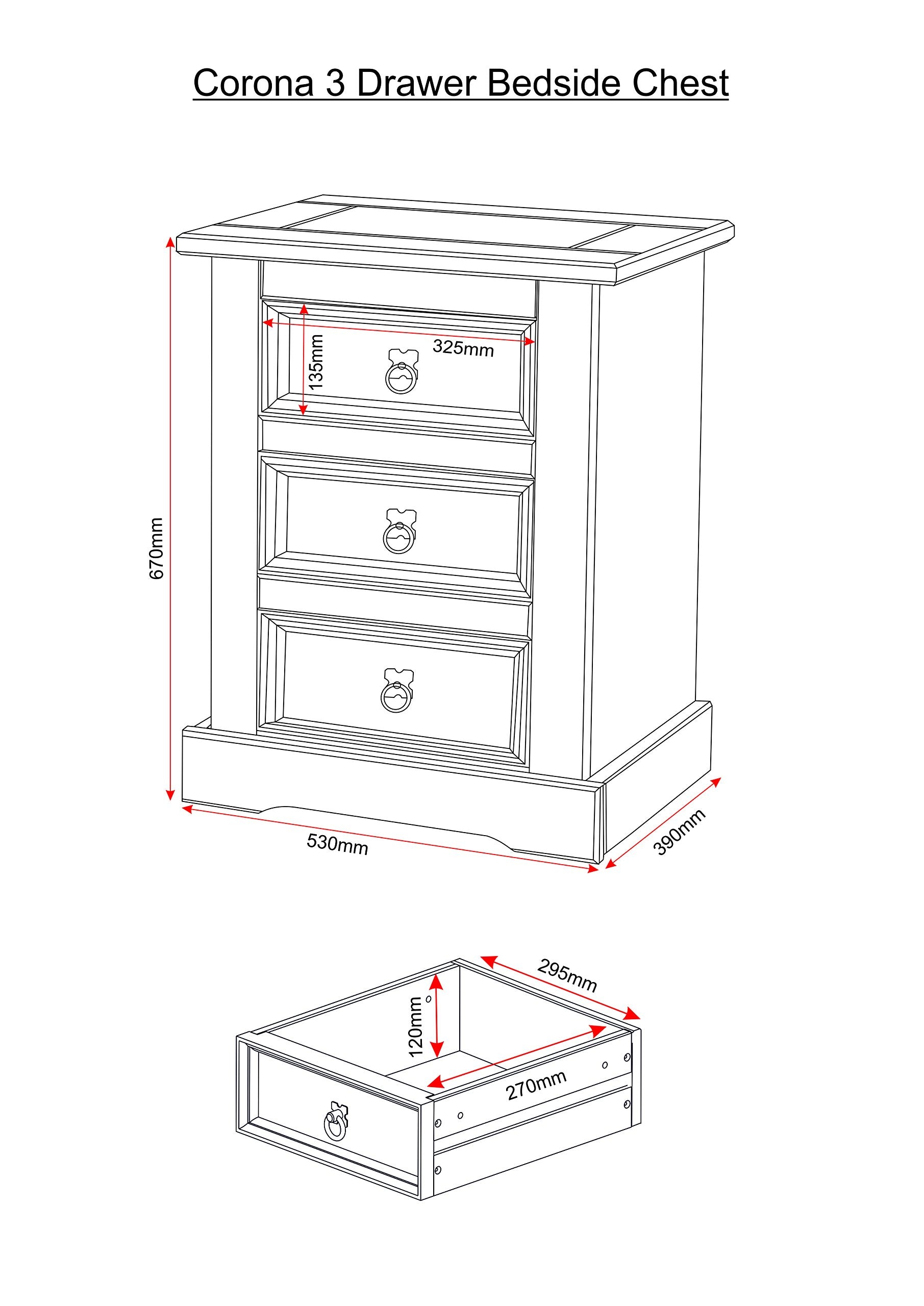 Xpress Delivery Corona 3 Drawer Bedside Chest