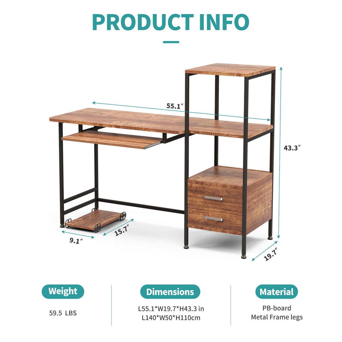 mecor Study Writing Computer Desk 55" with Drawers/Keyboard Tray/Storage Shelves, Modern Simple Style PC Desk Laptop Study Table Workstation for Home Office (Walnut Brown)