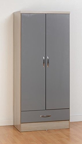 Xpress Delivery Nevada 2 Door 1 Drawer Wardrobe in Grey Gloss/Light Oak Effect Veneer