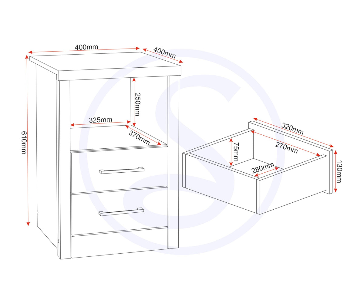 Seconique Lisbon 2 Drawer 1 Shelf Bedside Cabinet