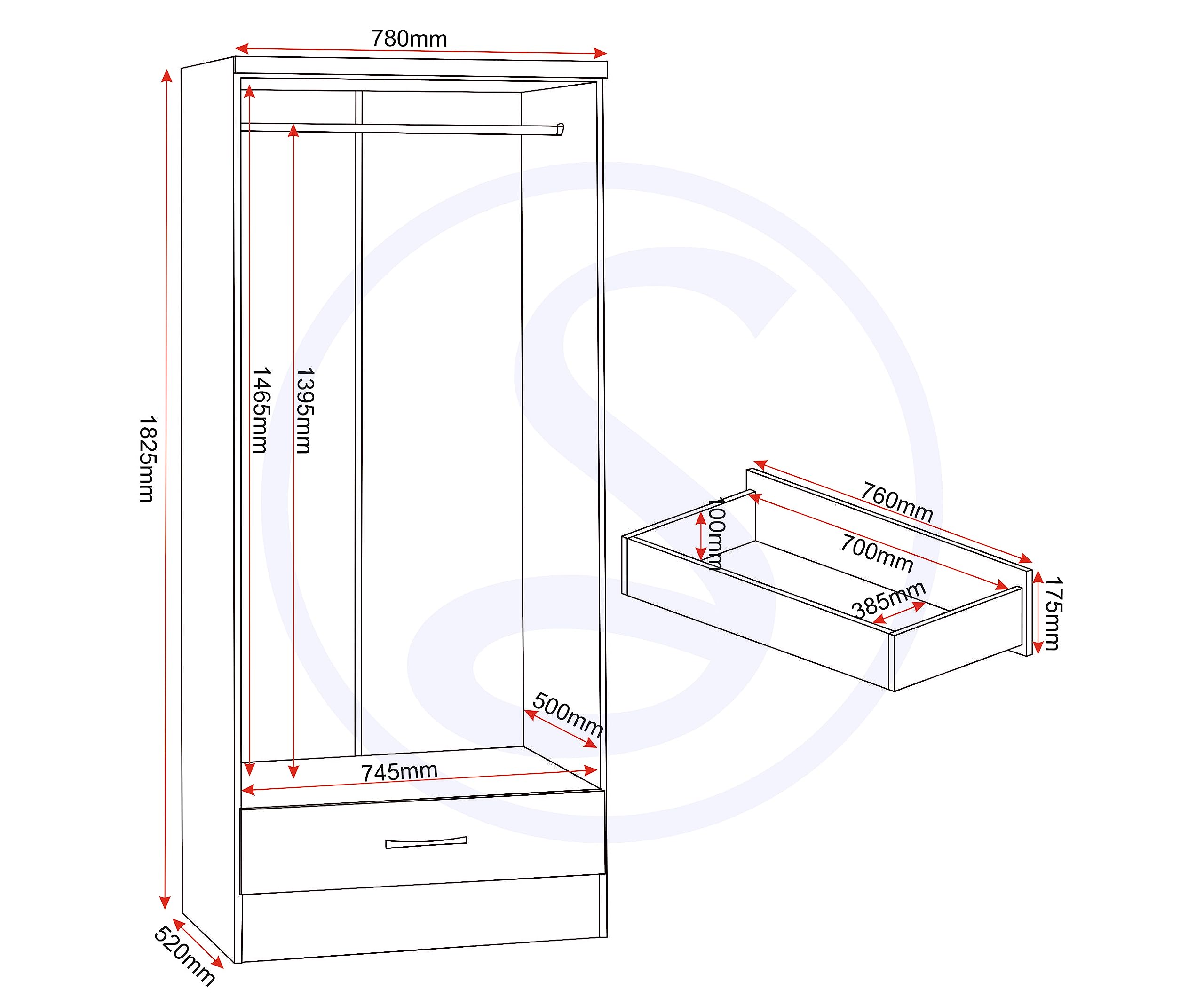 Seconique Nevada Mirrored 1/2 Door 1 Drawer Wardrobe