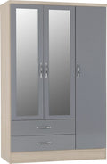 A T Seconique Bedroom Wardrobes - Nevada 3 Door 2 Drawer Mirrored Wardrobe with Drawers in Grey Gloss/Light Oak Effect Veneer