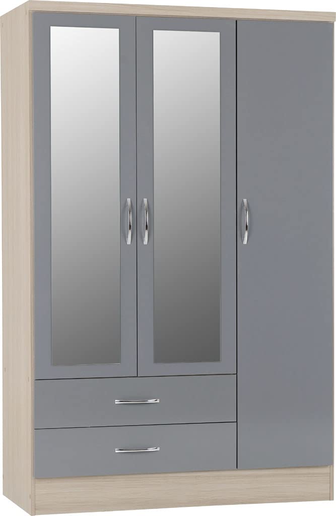 A T Seconique Bedroom Wardrobes - Nevada 3 Door 2 Drawer Mirrored Wardrobe with Drawers in Grey Gloss/Light Oak Effect Veneer