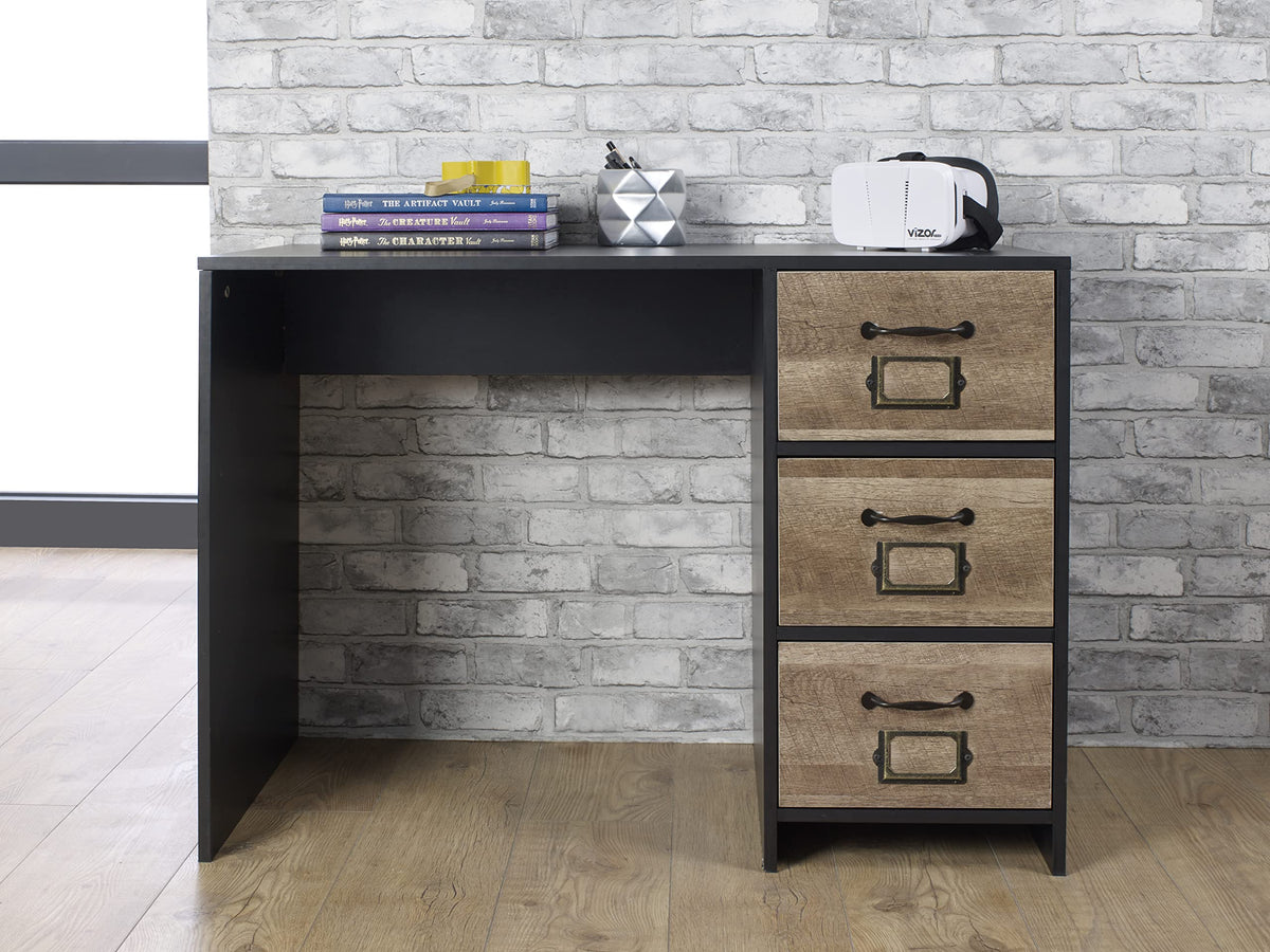 House & Homestyle Cambridge Black & Wood Effect 3 Drawer Office Desk - Retro Locker Design