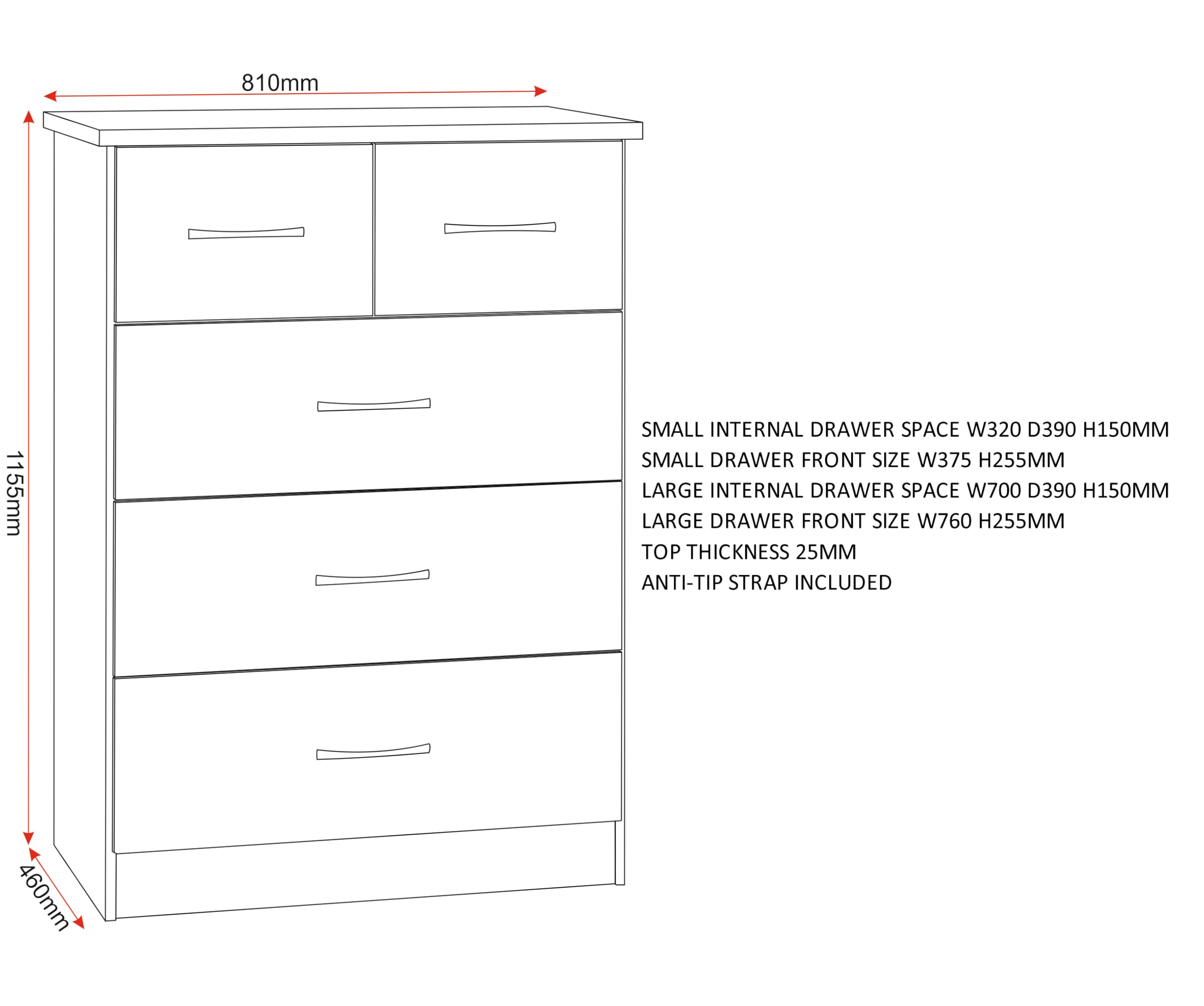 Kelsey Stores Nevada 3 Plus 2 Chest Of Drawers 5 Drawer Chest With Metal Handles