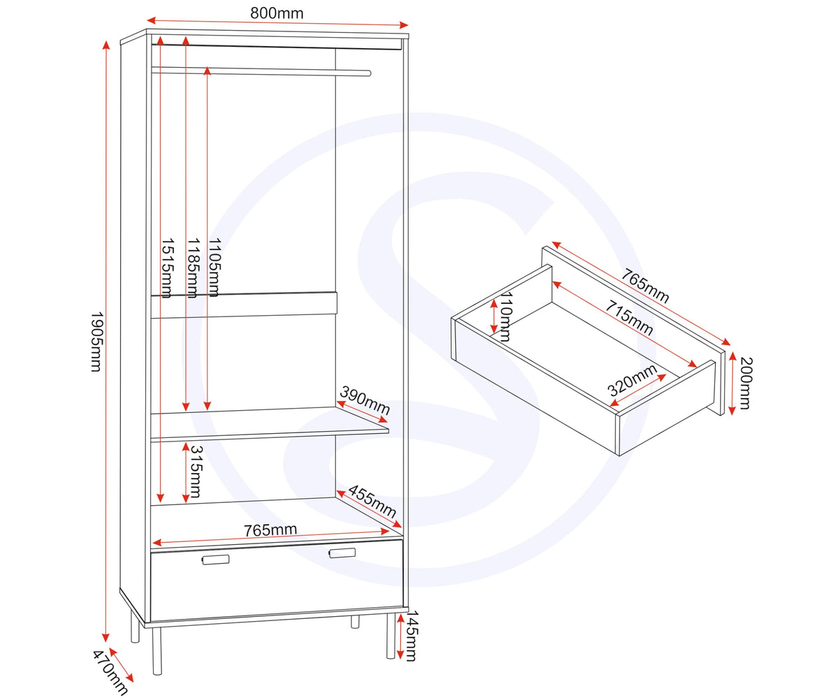 Seconique Leon 2 Door 1 Drawer Wardrobe in Medium Oak Effect