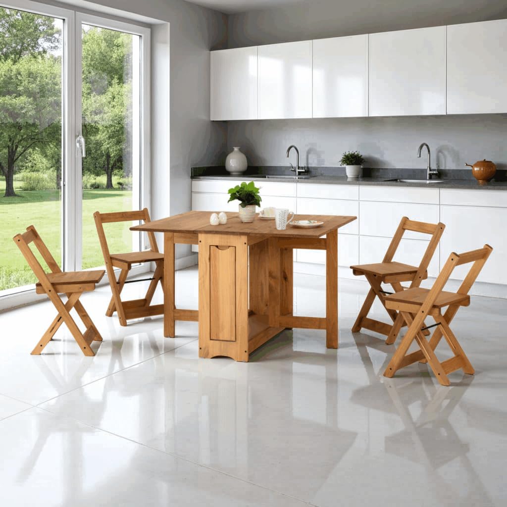 Furniture 321 Space-Saving Santos Folding Drop-Leaf Butterfly Dining Set with 4 Foldaway Chairs