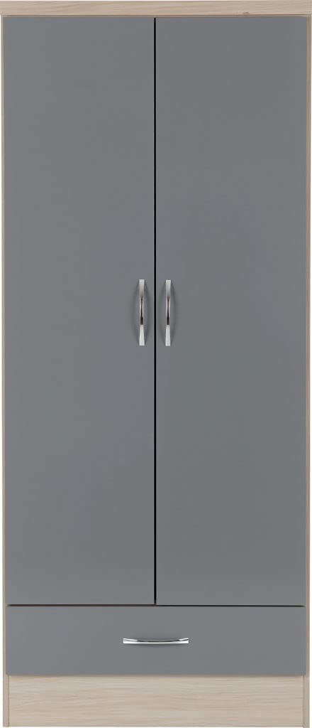 Furnisho Nevada 2 Door 1 Drawer Wardrobe Grey Gloss/Light Oak Effect Veneer