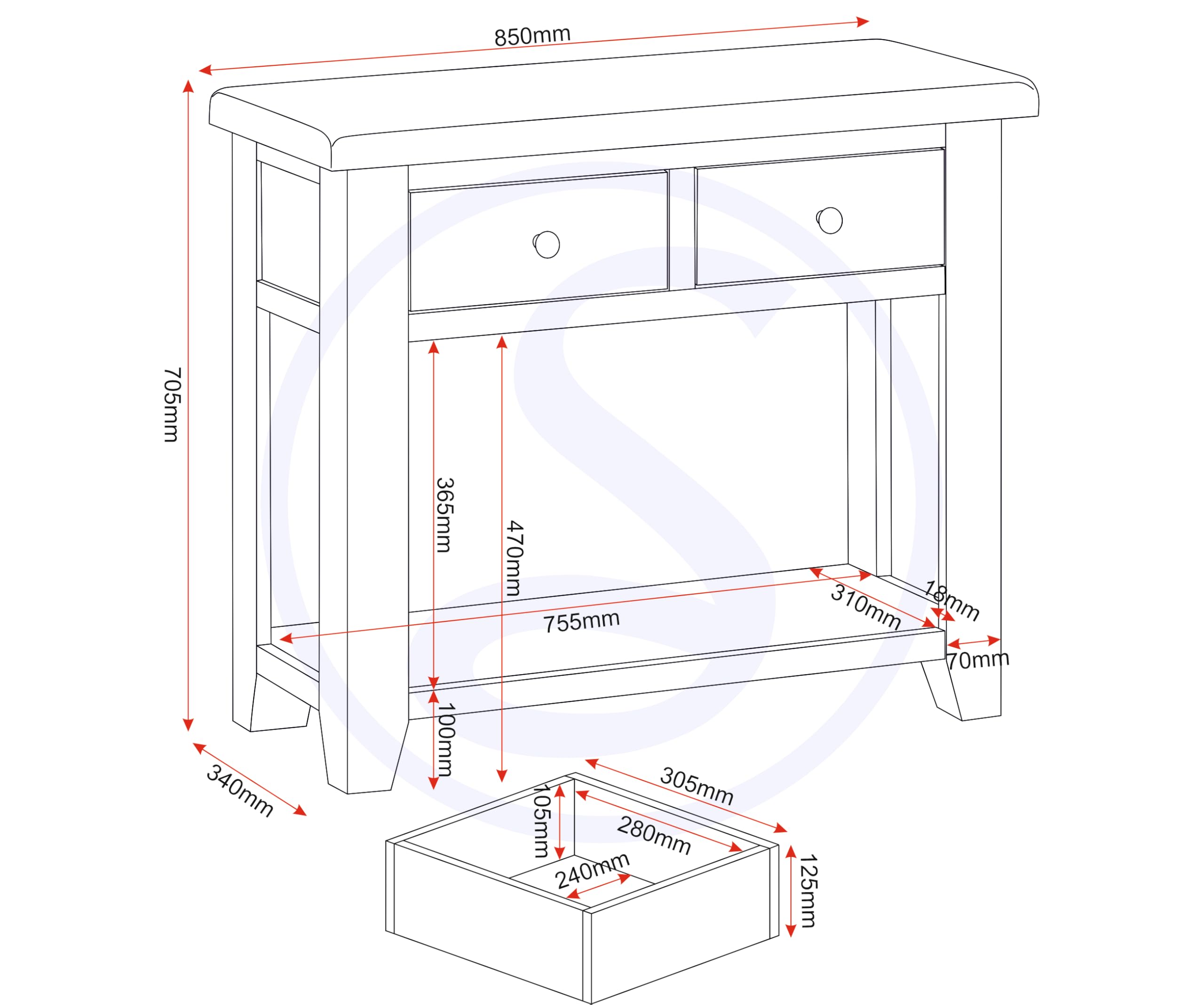 Seconique Windsor 2 Drawer Console Table