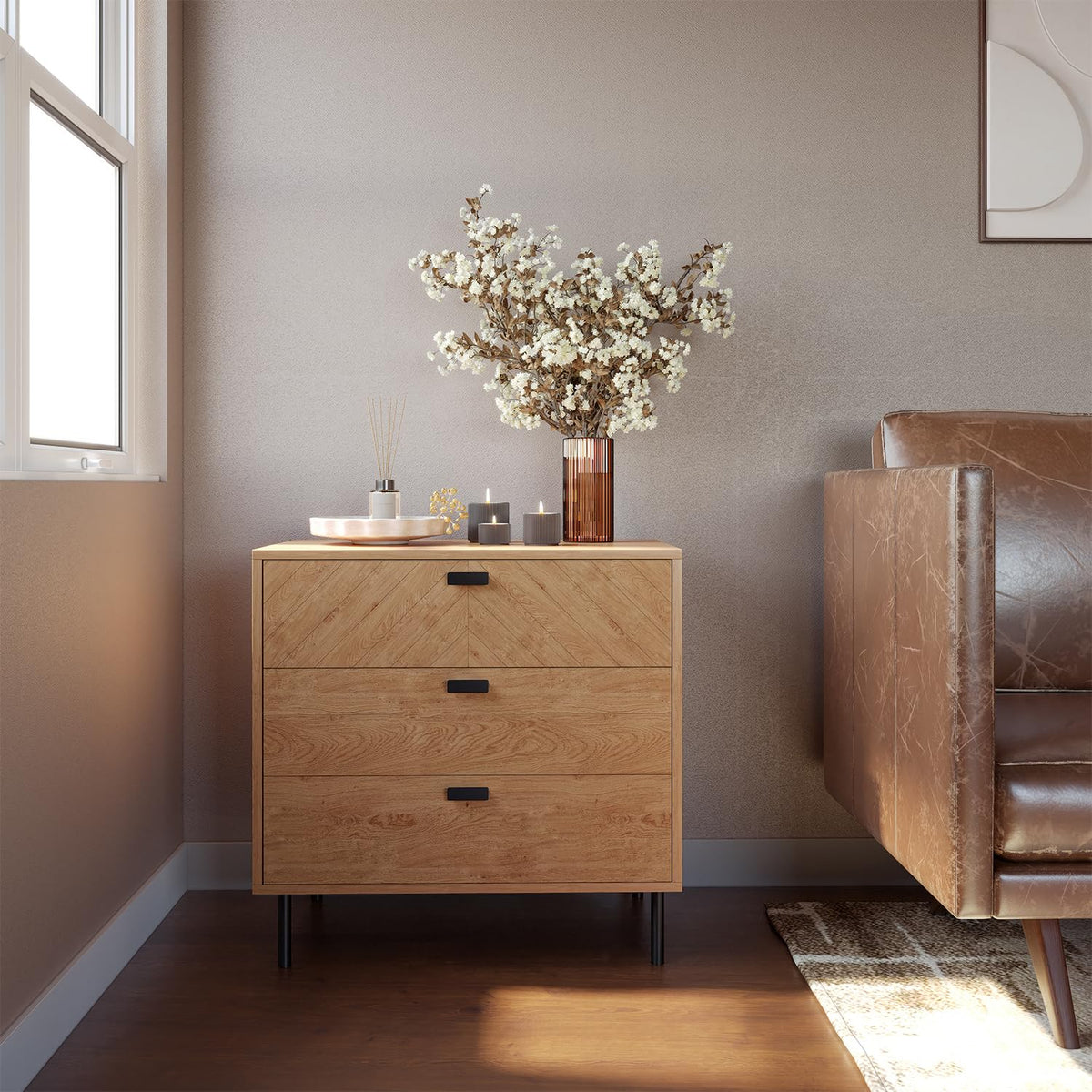 Seconique Leon 3 Drawer Chest in Medium Oak Effect