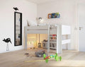 Single Mid-Sleeper Loft Cabin Bed in Surf White with Ladder and Under Storage, Solid Frame for Kids