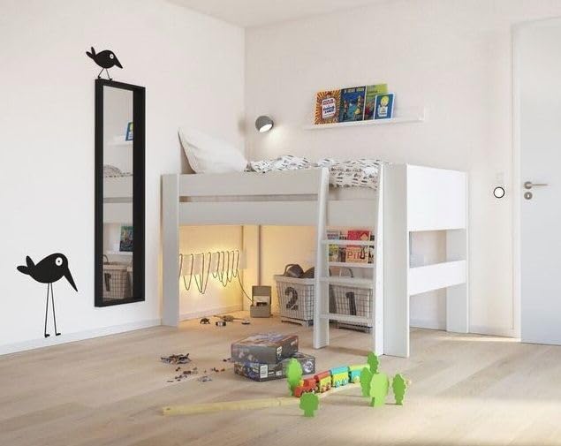 Single Mid-Sleeper Loft Cabin Bed in Surf White with Ladder and Under Storage, Solid Frame for Kids