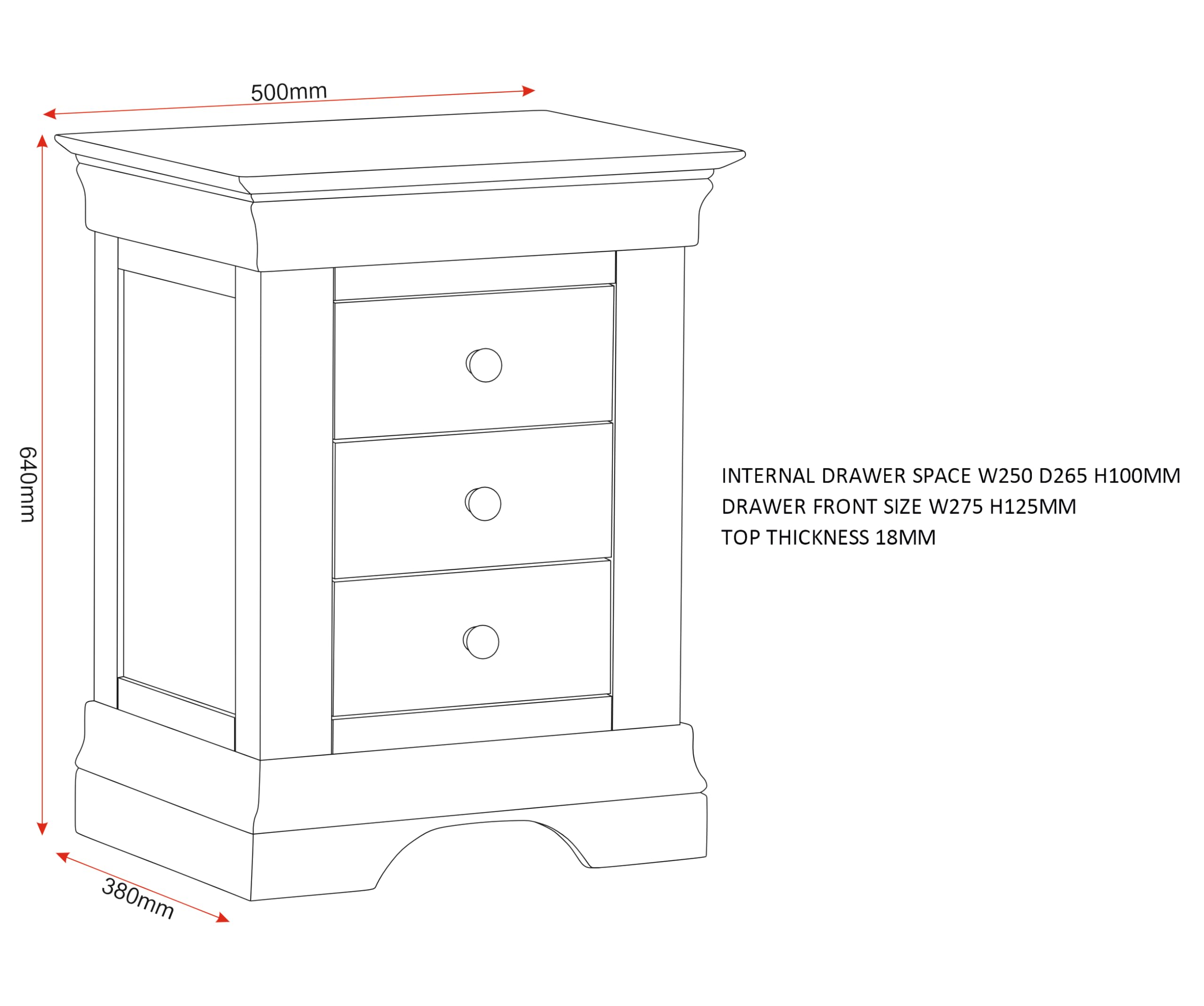 Seconique Bordeaux 3 Drawer Bedside