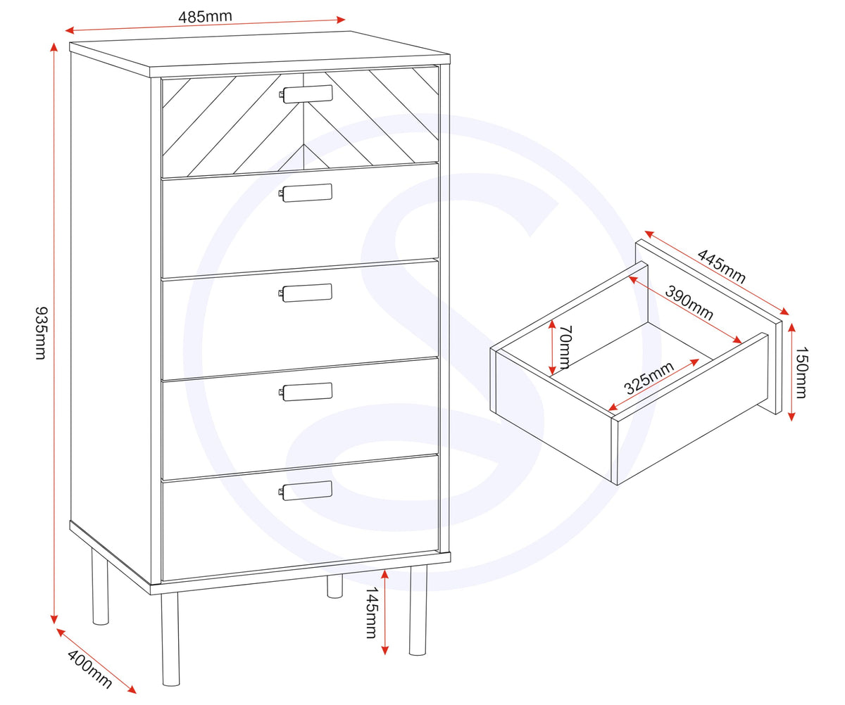 Seconique 5 Drawer Chest, Engineered Wood, Medium Oak Effect, W 485mm x D 400mm x H 935mm